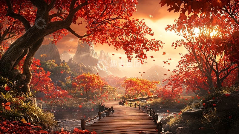 高清大图下载【趣麦麦图】秋日红叶山水风景画