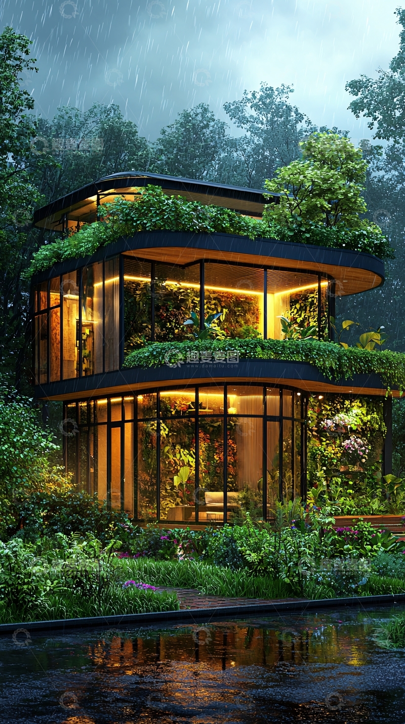 高清大图下载【趣麦麦图】雨中森林玻璃屋