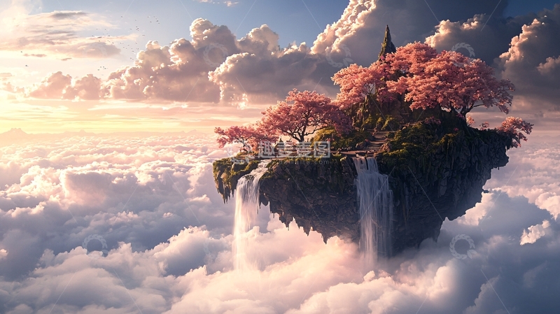 高清大图下载【趣麦麦图】空中岛屿樱花瀑布
