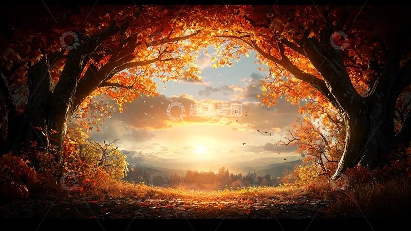 高清大图下载【趣麦麦图】秋日森林里的金色夕阳