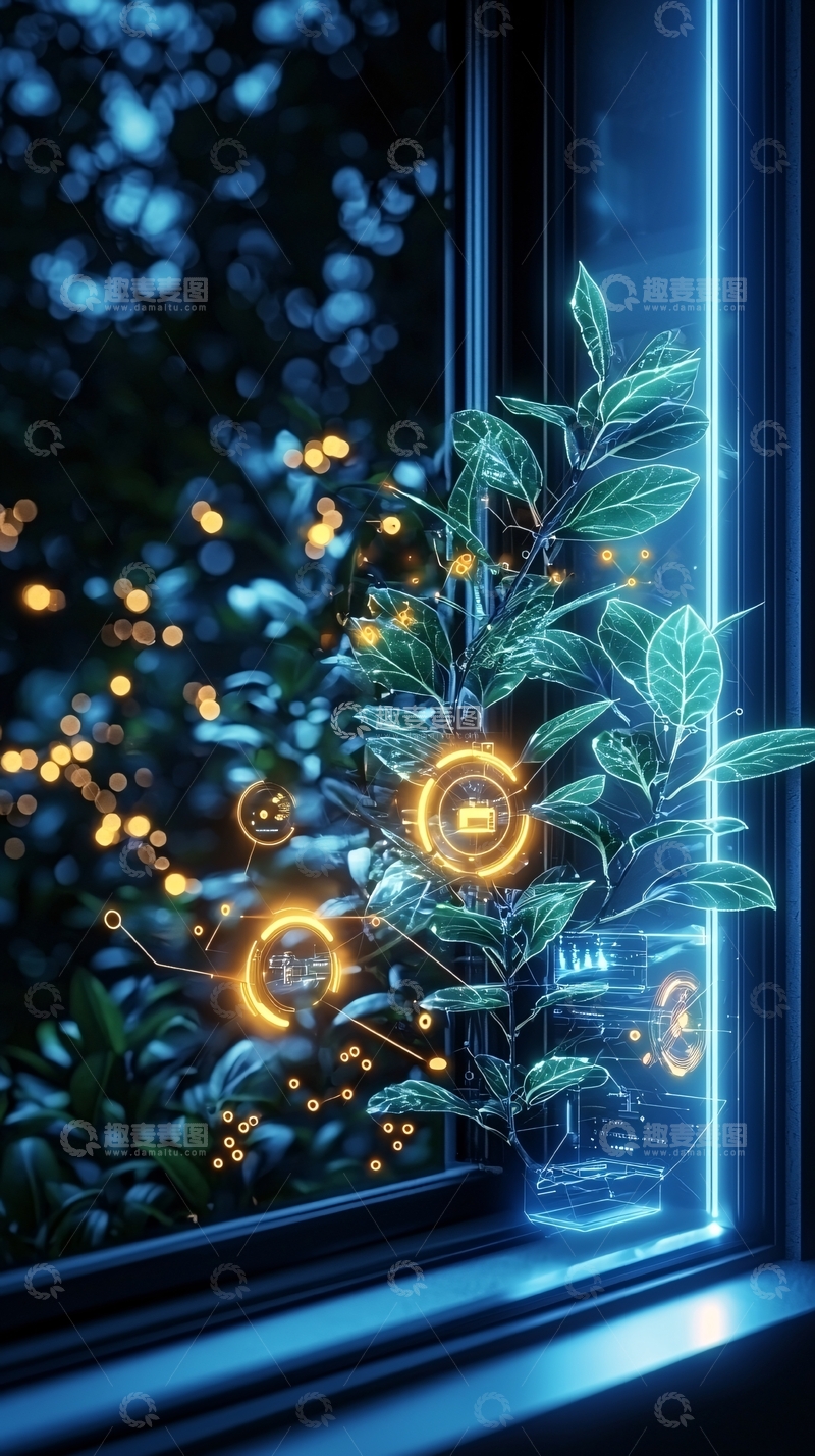 高清大图下载【趣麦麦图】科技感植物生长在窗边