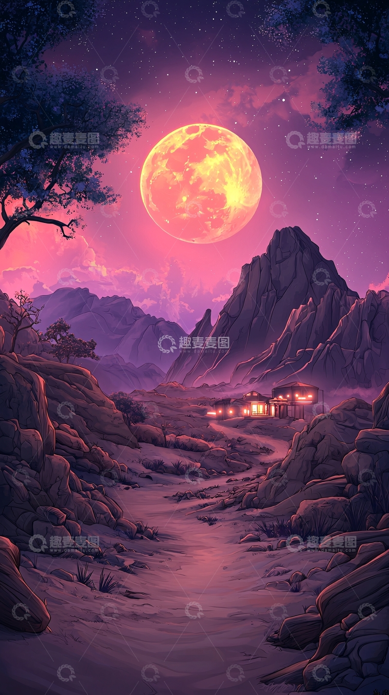 高清大图下载【趣麦麦图】粉色月亮下的山间小路
