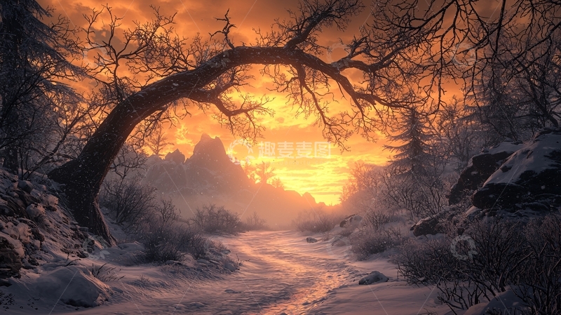 高清大图下载【趣麦麦图】寒冬森林日落的艺术场景
