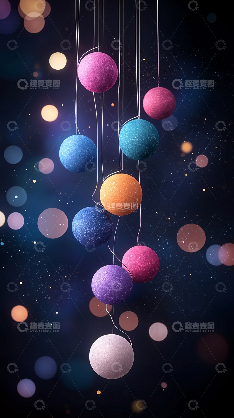 高清大图下载【趣麦麦图】彩色绒球悬挂于星空下