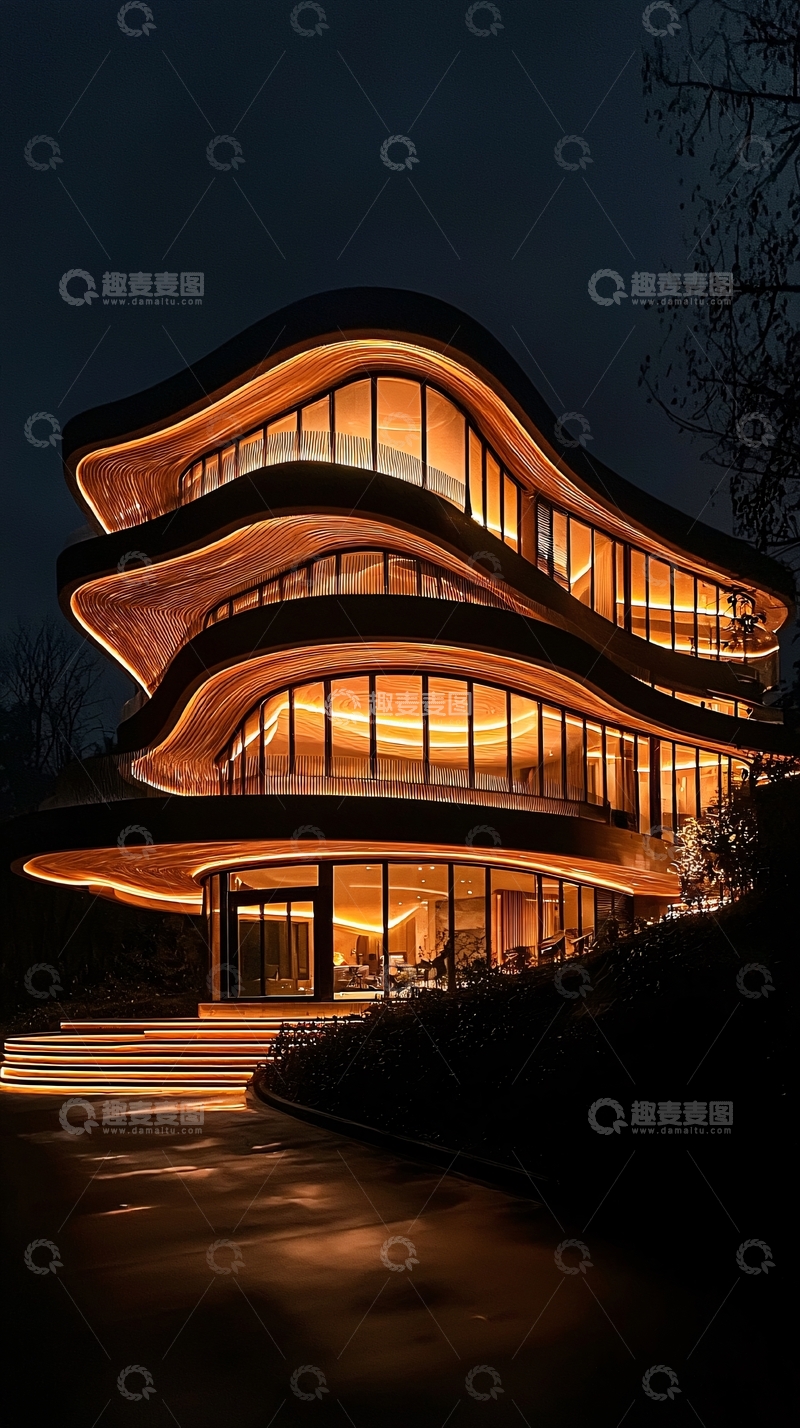 高清大图下载【趣麦麦图】夜色中流线型的现代建筑