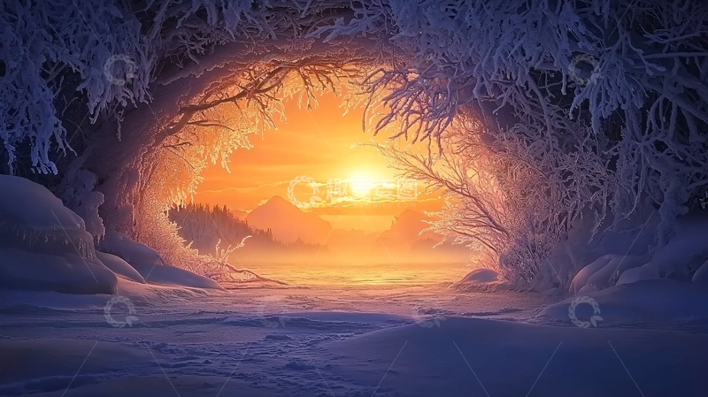 高清大图下载【趣麦麦图】冬日暖阳透过冰雪树林