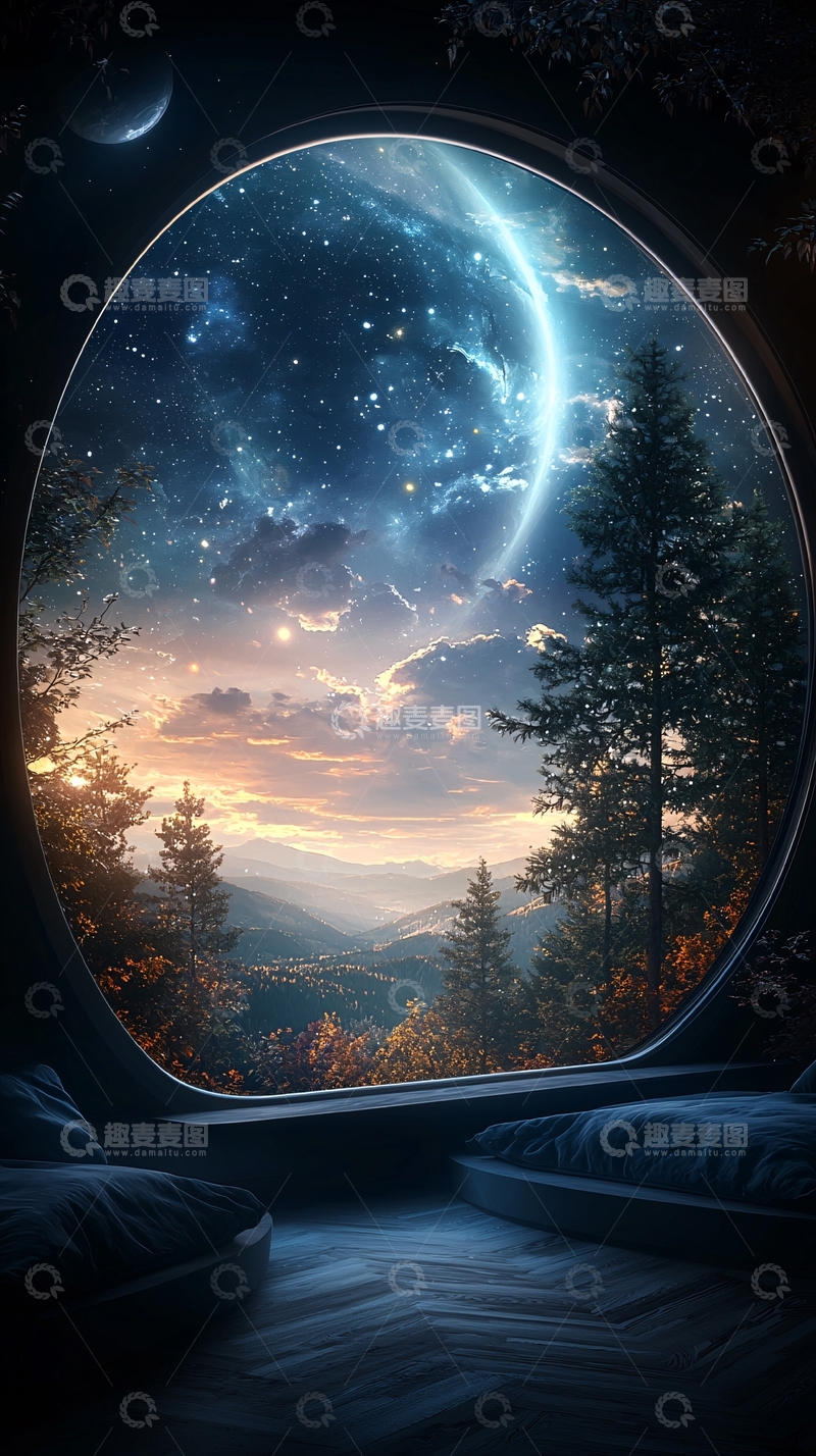 星空窗外森林夜景