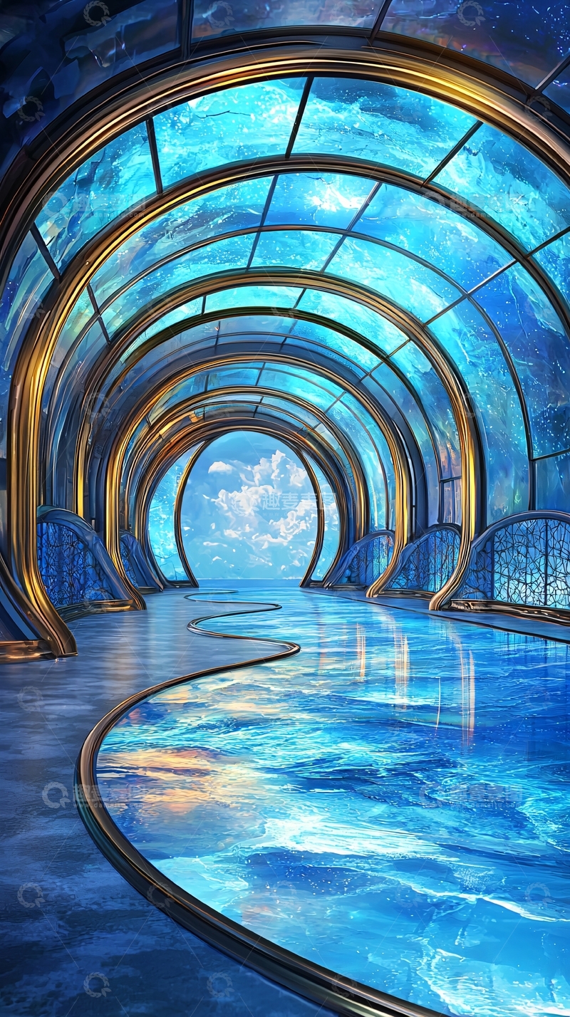 高清大图下载【趣麦麦图】未来感蓝色玻璃通道