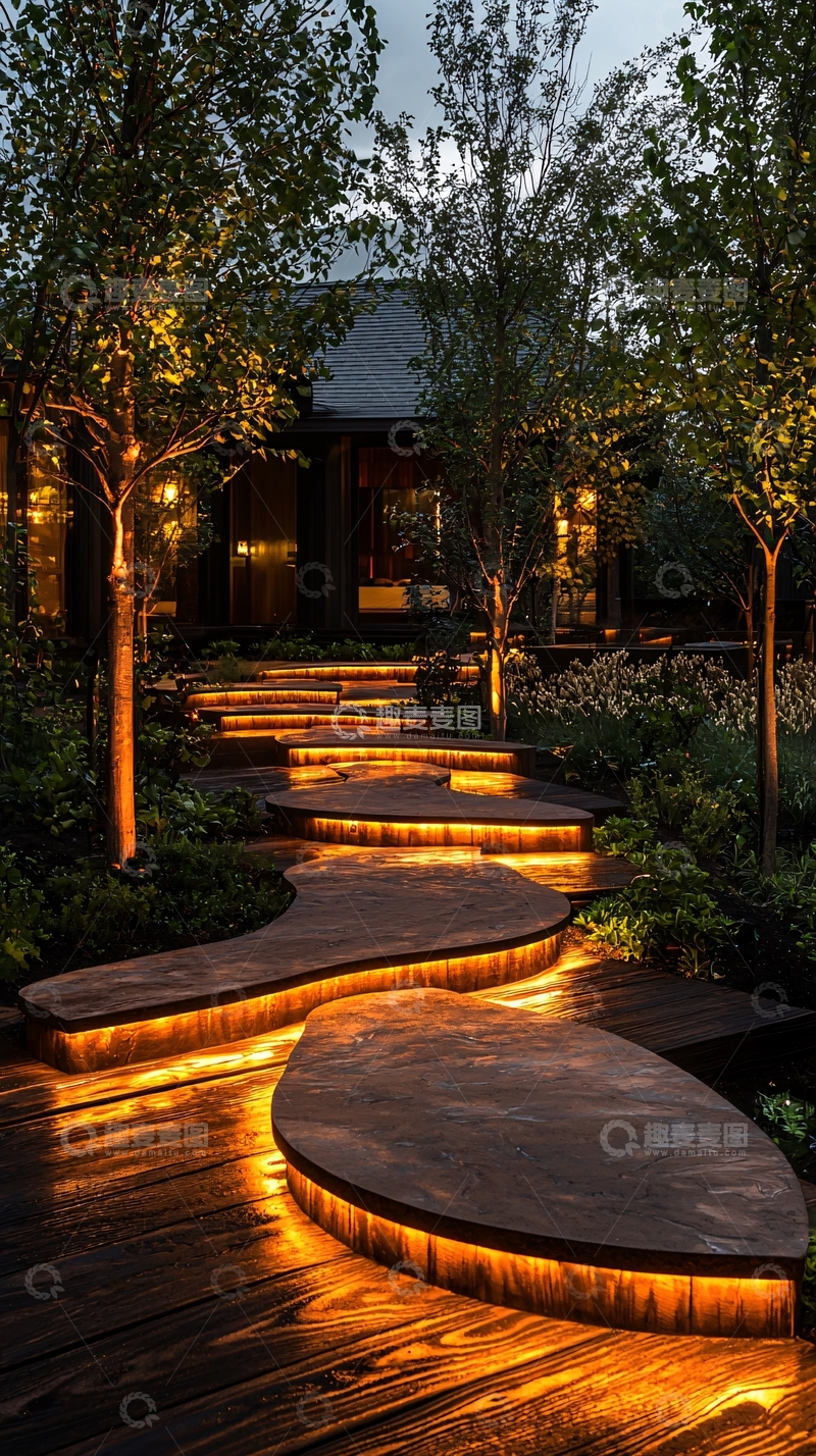高清大图下载【趣麦麦图】夜间花园小路照明