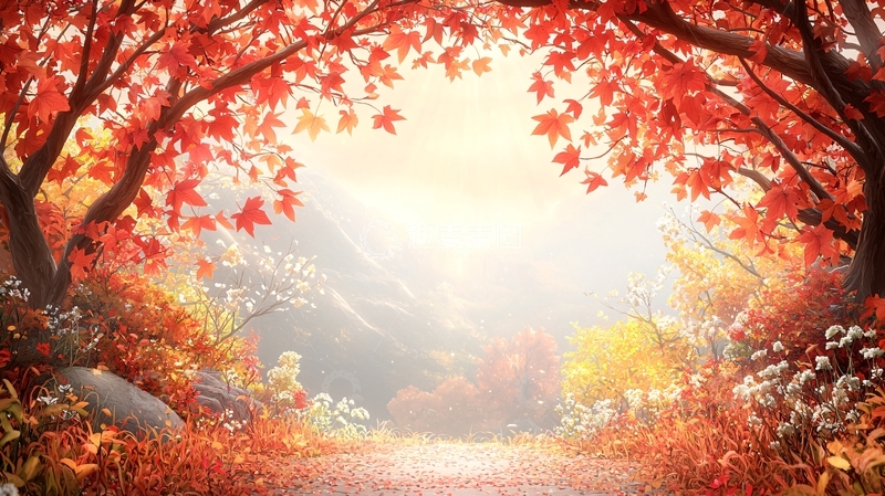 高清大图下载【趣麦麦图】秋日阳光下的红色树林