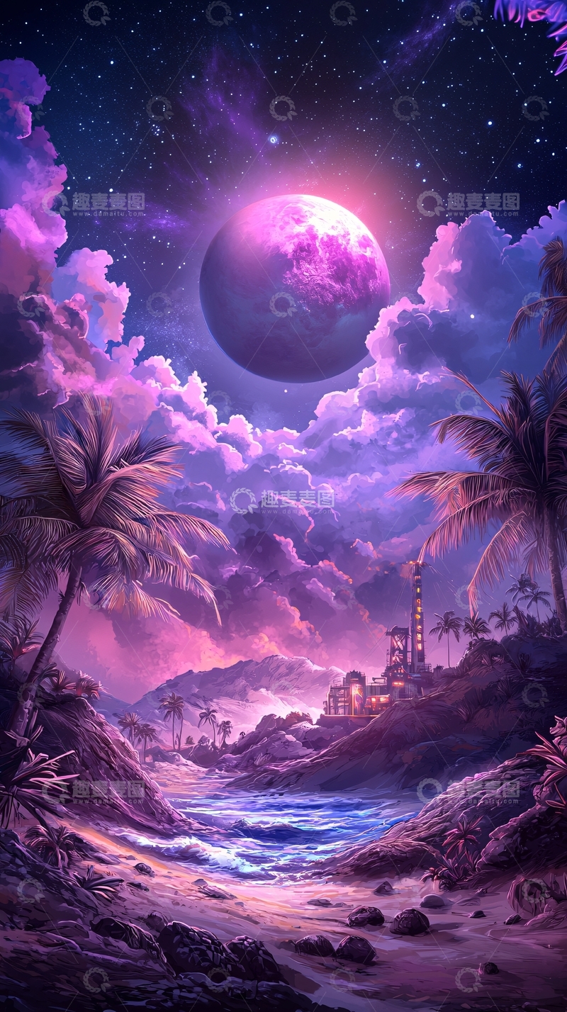 高清大图下载【趣麦麦图】紫色星空下的热带岛屿