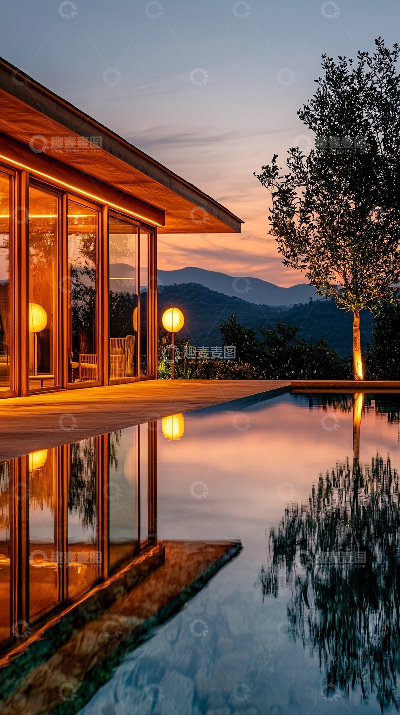 高清大图下载【趣麦麦图】傍晚泳池别墅夜景