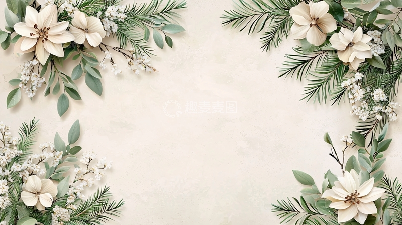 高清大图下载【趣麦麦图】白色花朵与绿叶框架