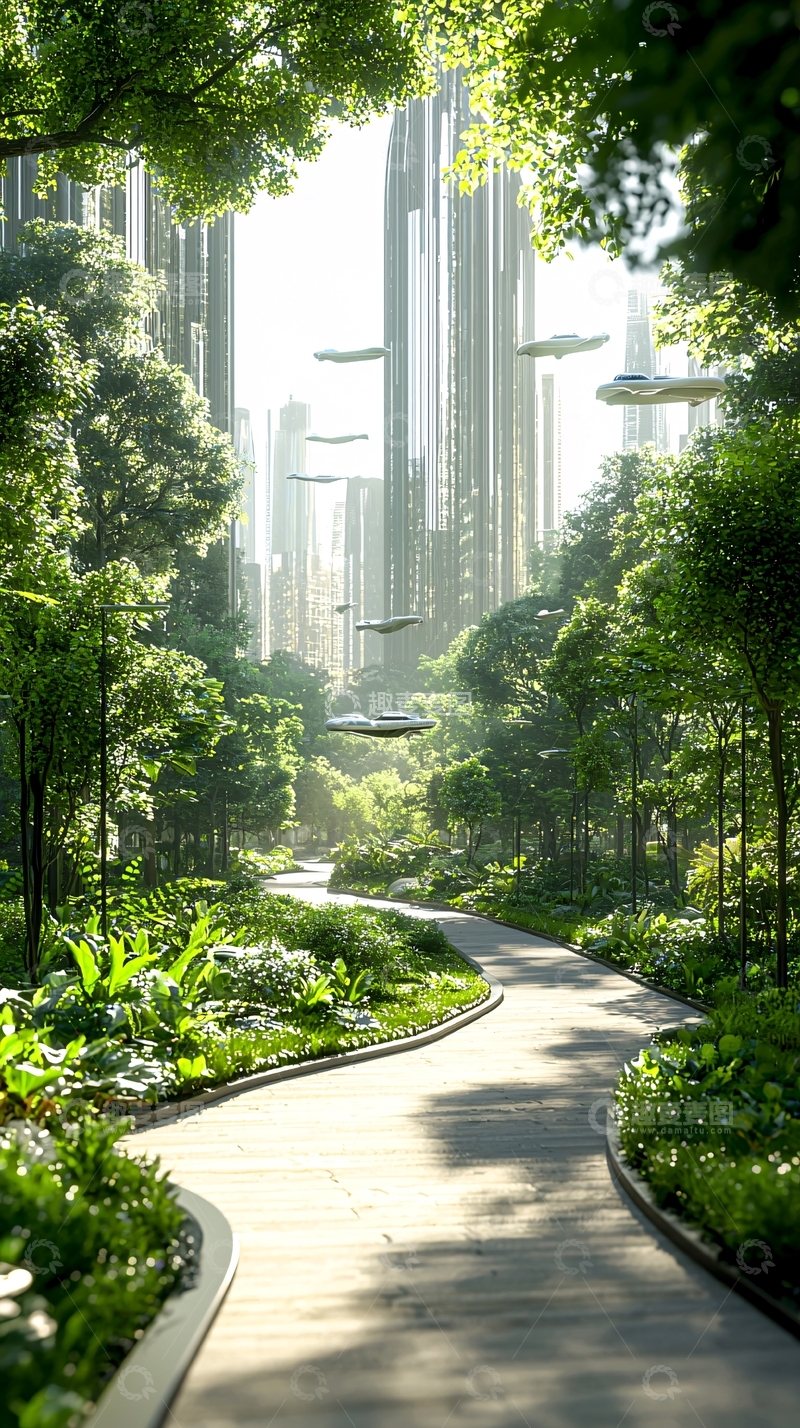 高清大图下载【趣麦麦图】绿色植被环绕的未来城市