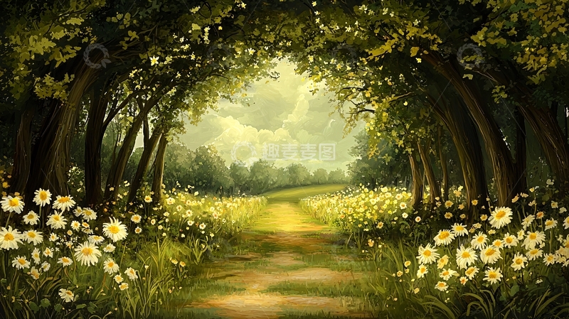 高清大图下载【趣麦麦图】林间小路鲜花盛开