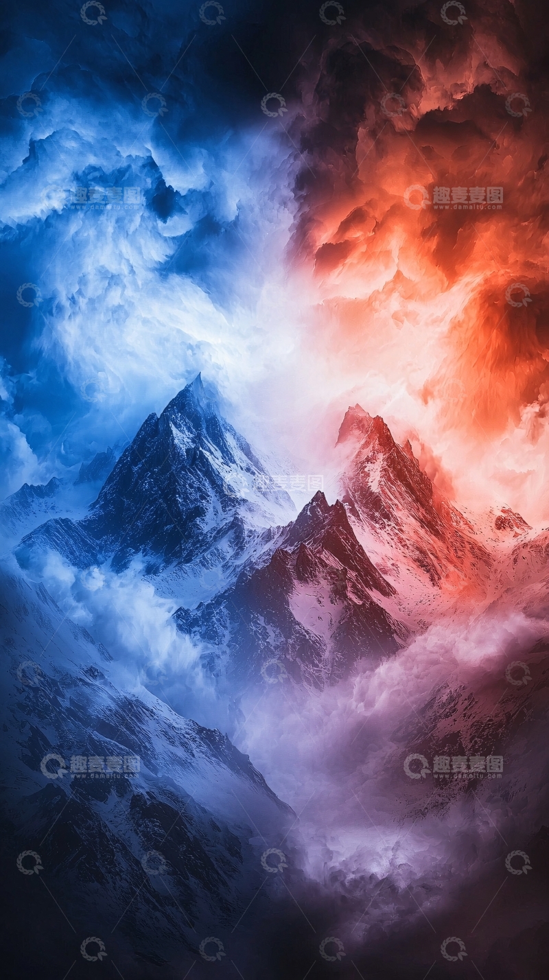 高清大图下载【趣麦麦图】蓝红色云雾缭绕的山峰