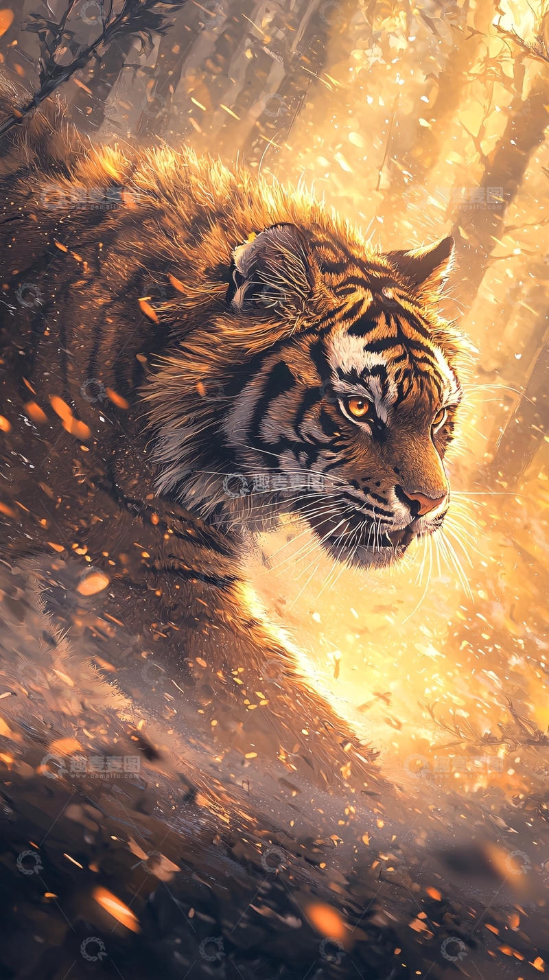 高清大图下载【趣麦麦图】森林中光芒四射的老虎