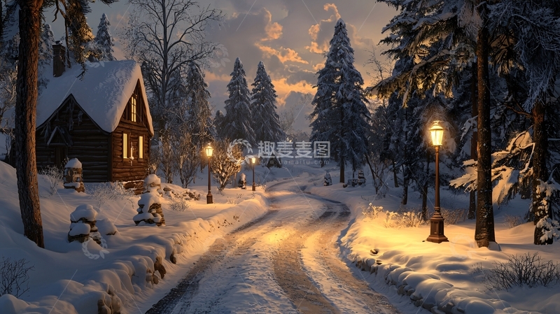 高清大图下载【趣麦麦图】冬日雪夜小屋风景