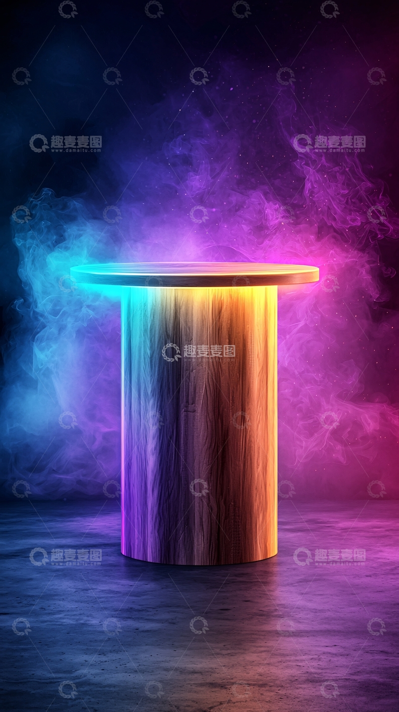 高清大图下载【趣麦麦图】霓虹灯光环绕的木质展台