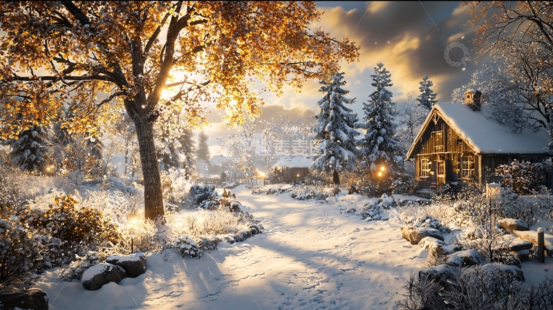 高清大图下载【趣麦麦图】雪地小木屋暖阳