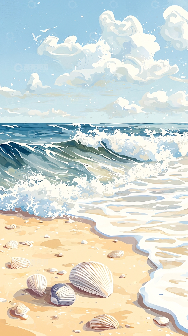 高清大图下载【趣麦麦图】水彩海滩与贝壳的静谧