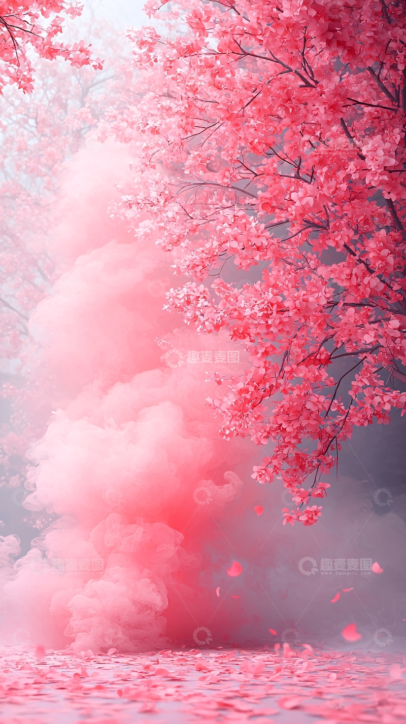 高清大图下载【趣麦麦图】粉色樱花树与烟雾唯美意境