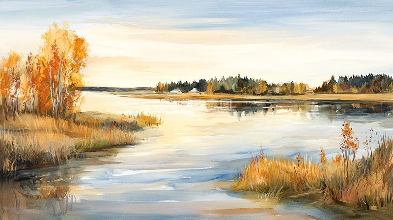 高清大图下载【趣麦麦图】湖边秋日风景水彩画