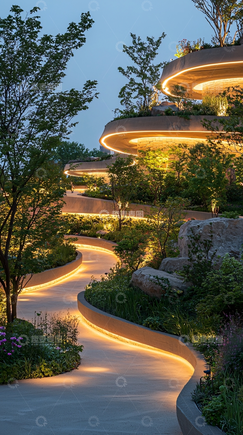 高清大图下载【趣麦麦图】蜿蜒灯光步道景观