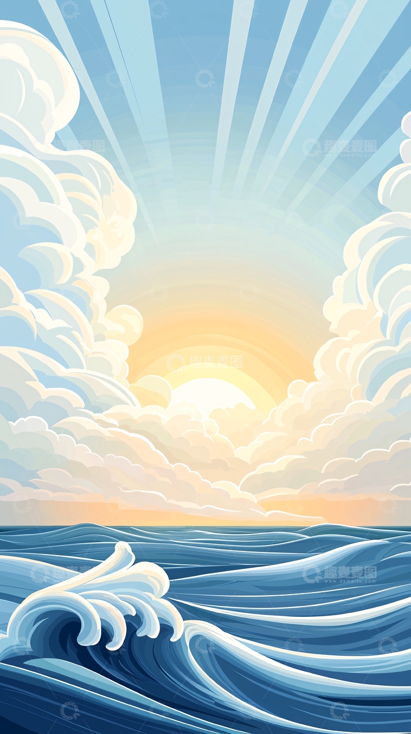 高清大图下载【趣麦麦图】海面日出云朵光芒四射