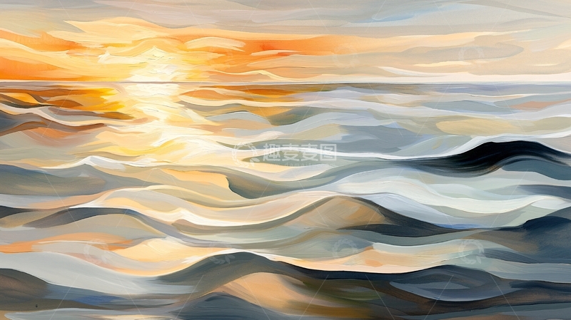 高清大图下载【趣麦麦图】海面日出绘画风
