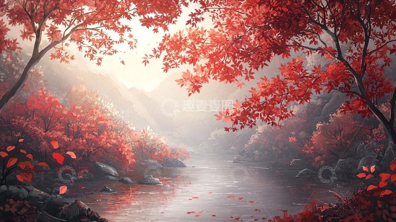高清大图下载【趣麦麦图】秋日红叶小溪流水