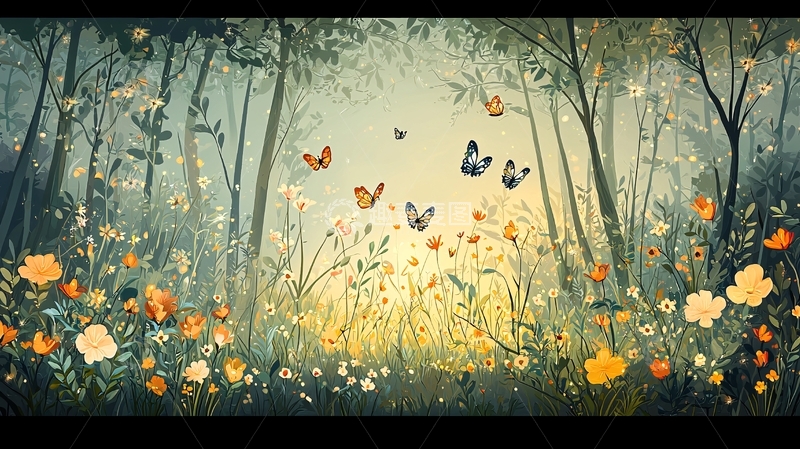 高清大图下载【趣麦麦图】森林花卉蝴蝶