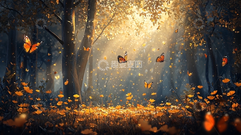 高清大图下载【趣麦麦图】光影森林里的蝴蝶飞舞