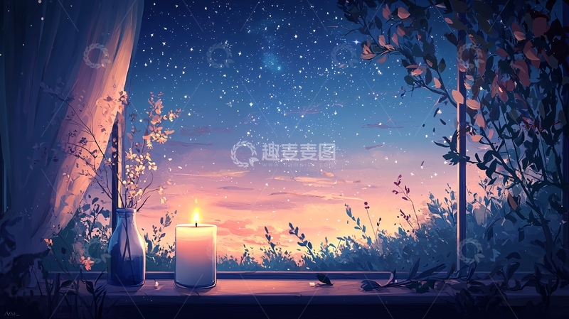 高清大图下载【趣麦麦图】窗边烛光星空