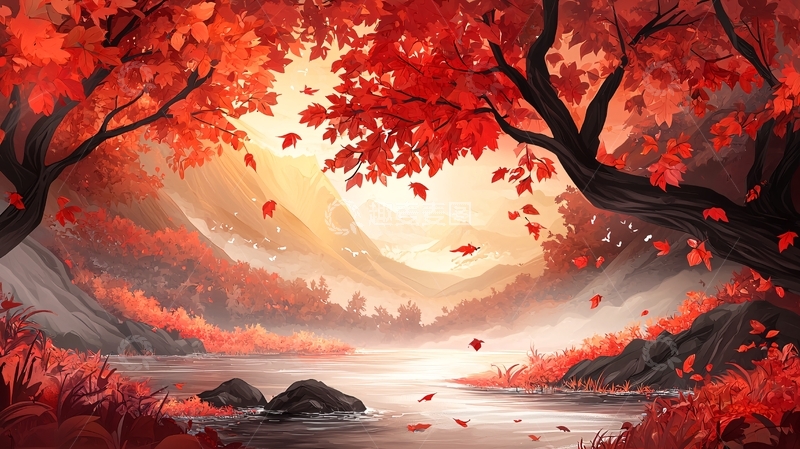 高清大图下载【趣麦麦图】秋日红叶静谧河畔