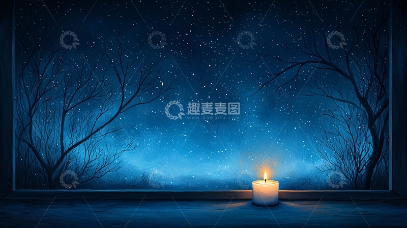 高清大图下载【趣麦麦图】夜晚星空下的窗边烛光