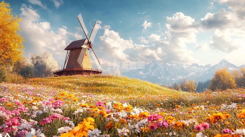 高清大图下载【趣麦麦图】风车在花田里