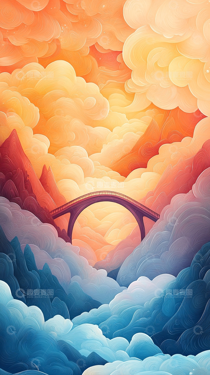 高清大图下载【趣麦麦图】云雾缭绕的山间拱桥