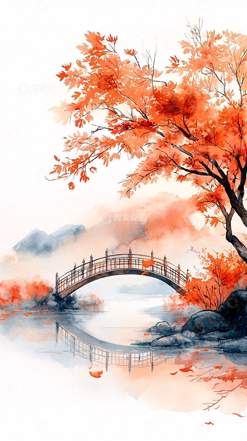 高清大图下载【趣麦麦图】水墨画桥红叶秋景