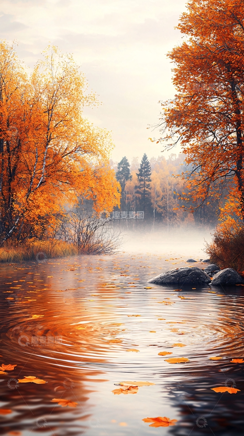 高清大图下载【趣麦麦图】秋日宁静湖面落叶倒影