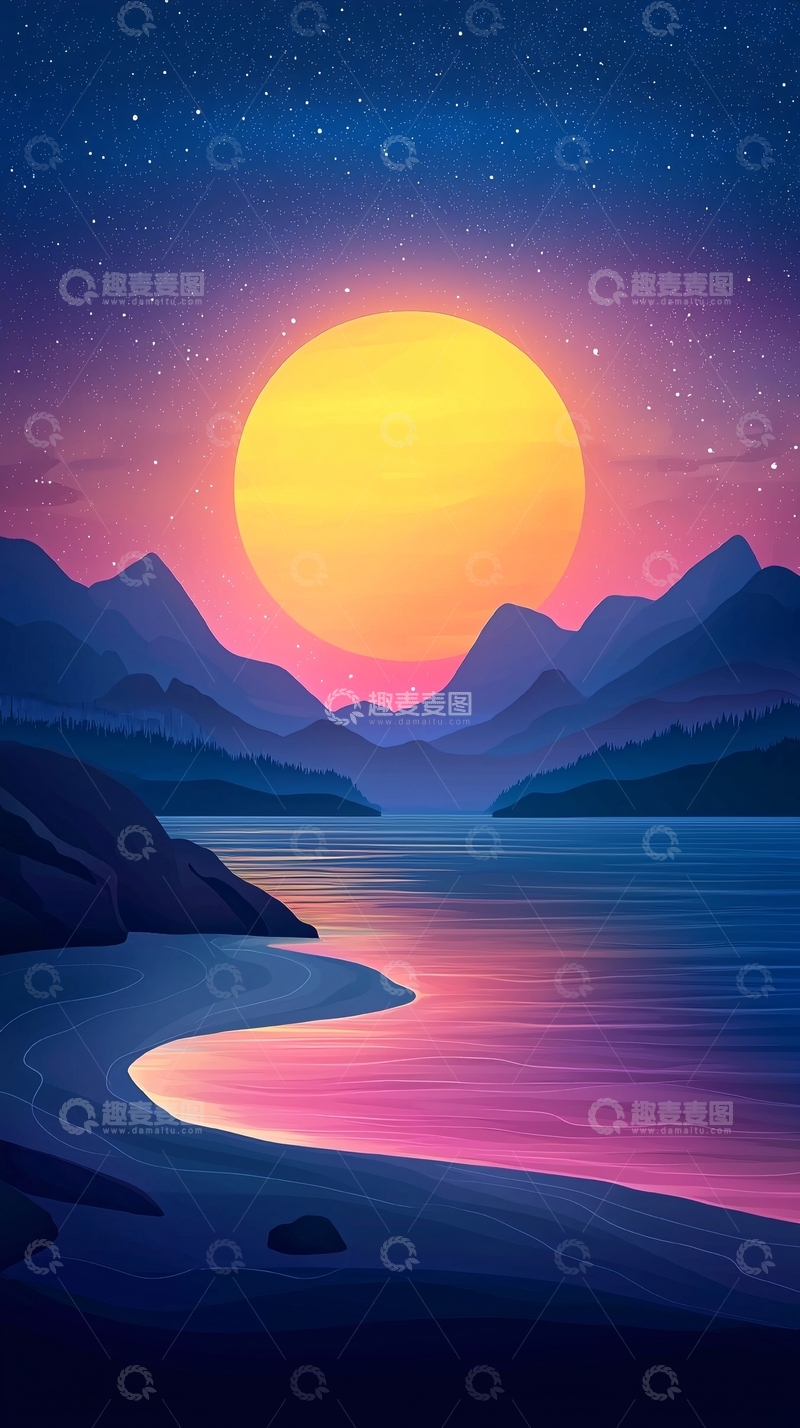 高清大图下载【趣麦麦图】宁静湖面日落美景