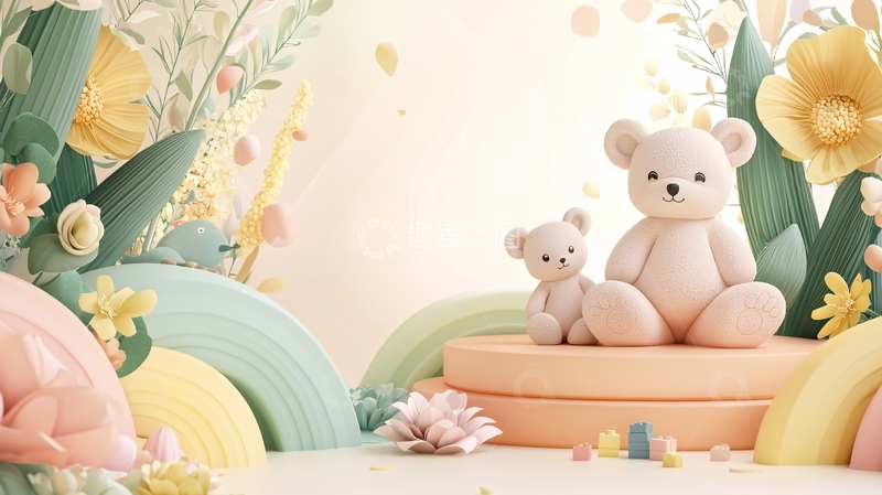 高清大图下载【趣麦麦图】卡通泰迪熊与植物的场景