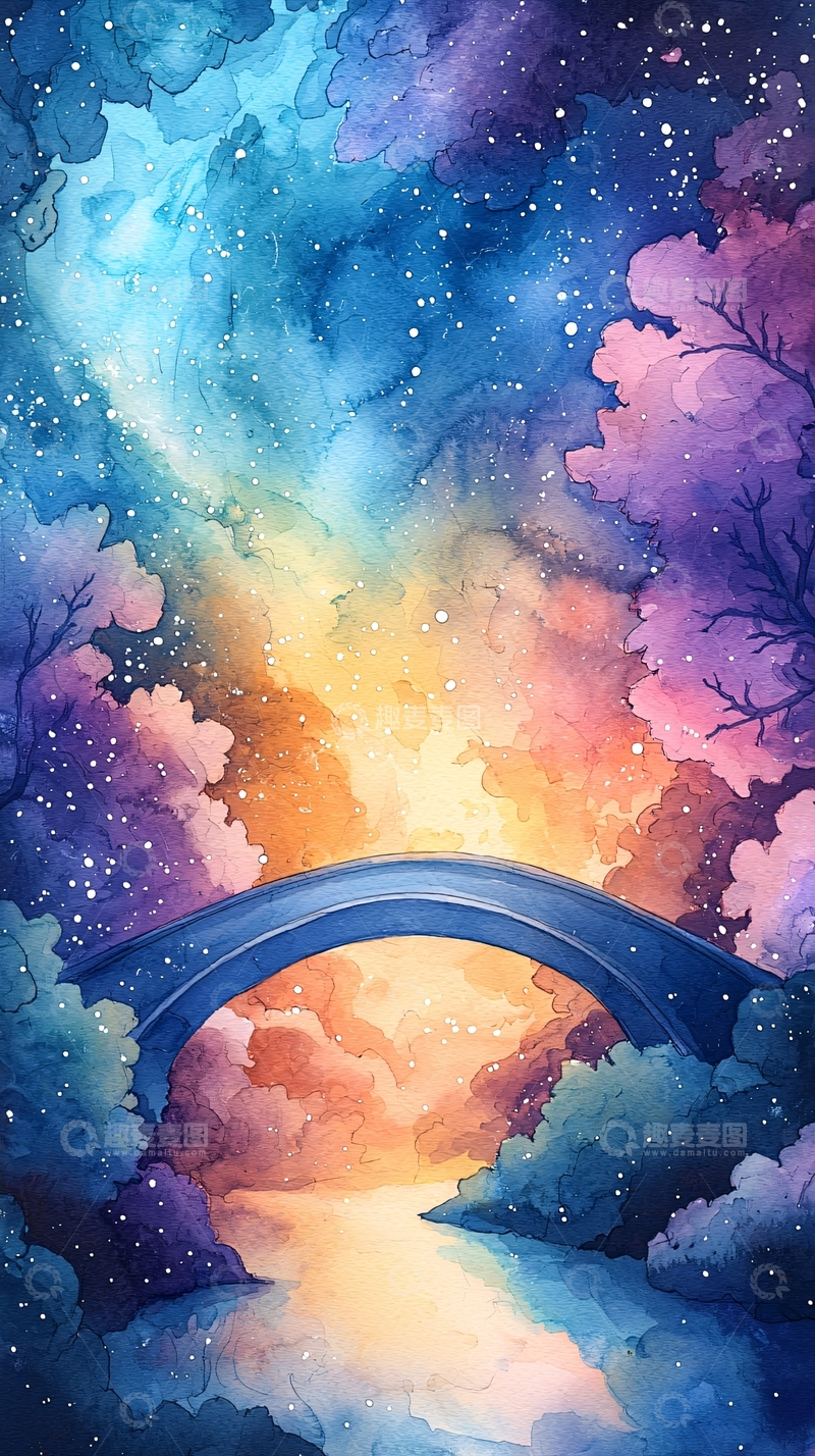 高清大图下载【趣麦麦图】梦幻星空桥梁水彩画