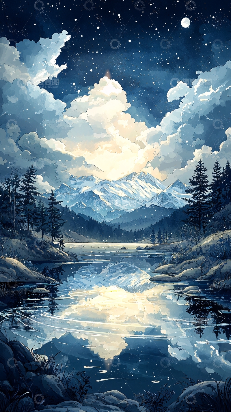 高清大图下载【趣麦麦图】宁静的夜空下的湖光山色