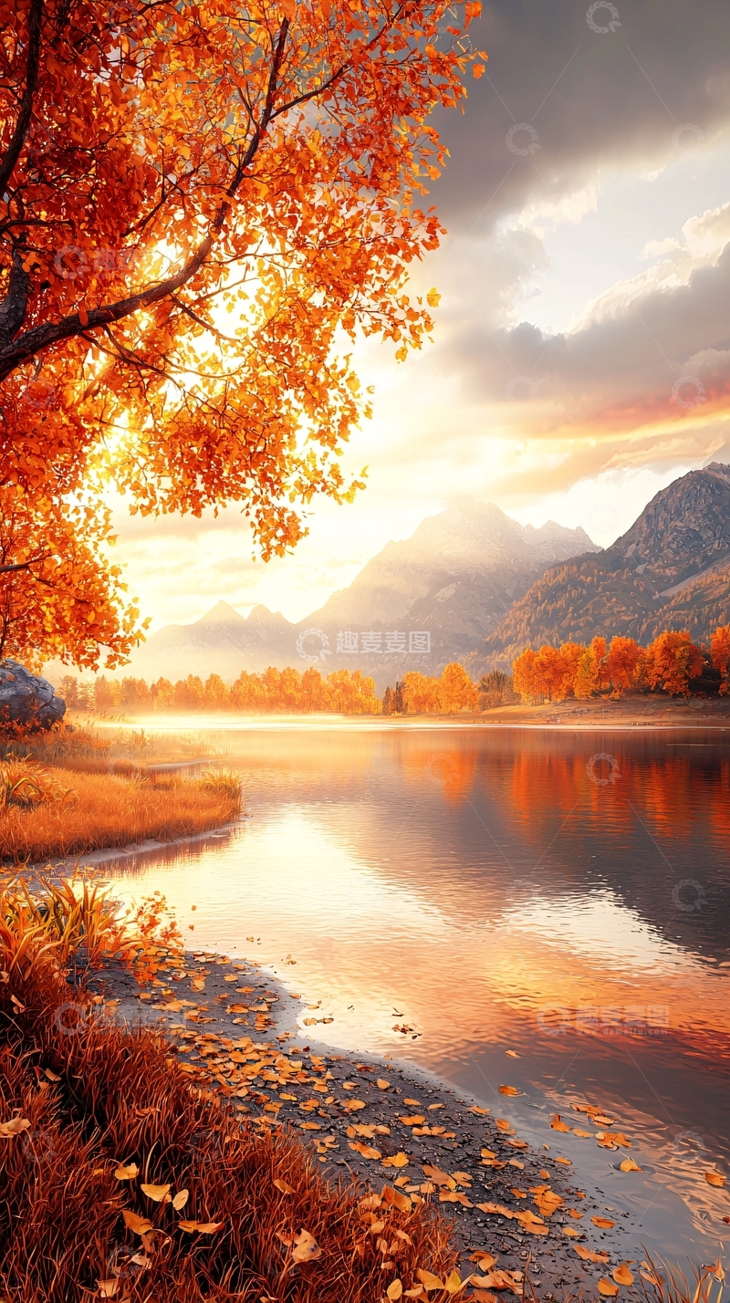 高清大图下载【趣麦麦图】秋日湖畔的橙色树木
