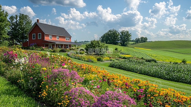 高清大图下载【趣麦麦图】田园风光房屋鲜花草地蓝天