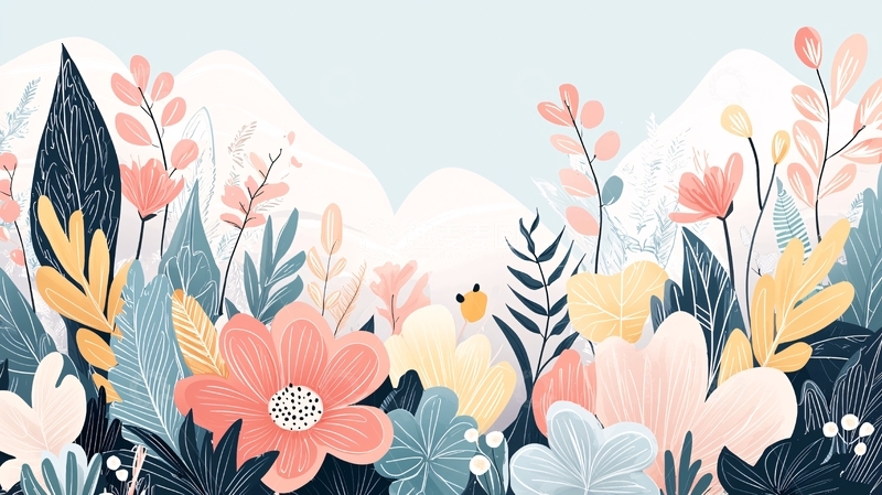 高清大图下载【趣麦麦图】粉嫩花朵与绿叶山峦背景