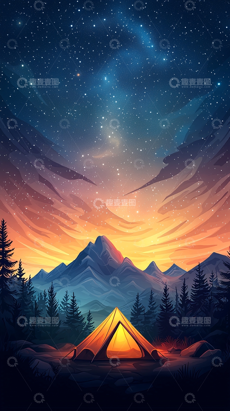 高清大图下载【趣麦麦图】夜晚星空下的露营