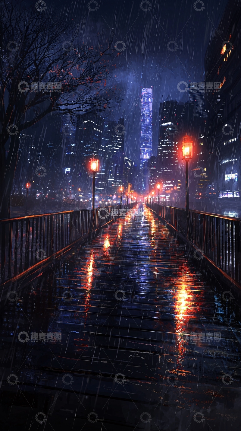 高清大图下载【趣麦麦图】雨夜城市街道光影朦胧
