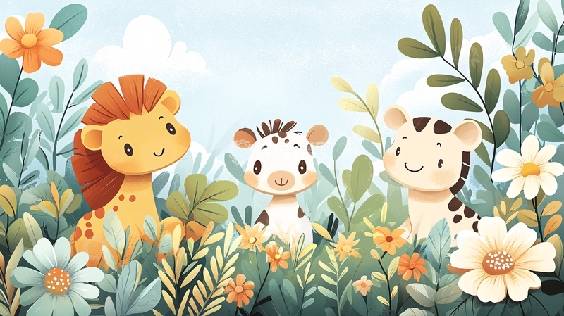 高清大图下载【趣麦麦图】卡通动物花丛背景